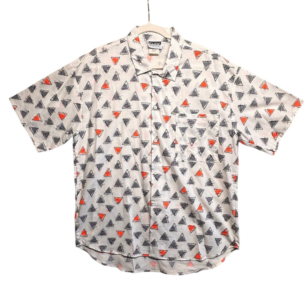 Vintage Surf Gear  Shirt Mens Large White Triangle Grapic AOP Button Up USA